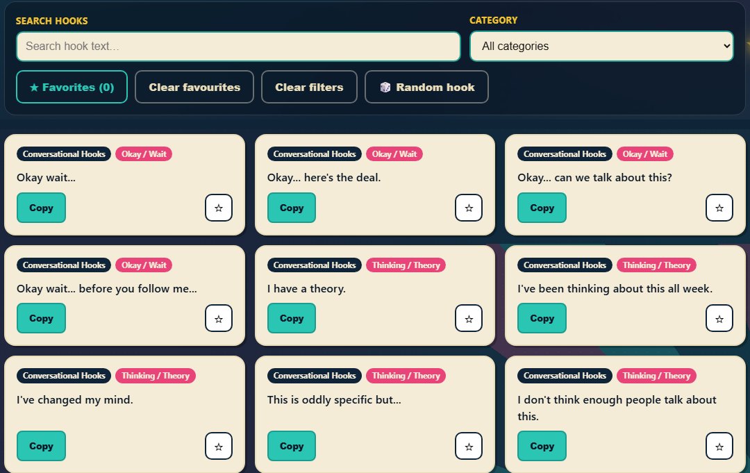The Hook Library: a search box, category filter and favorites buttons above cards of hooks, each with a Copy button and a star.